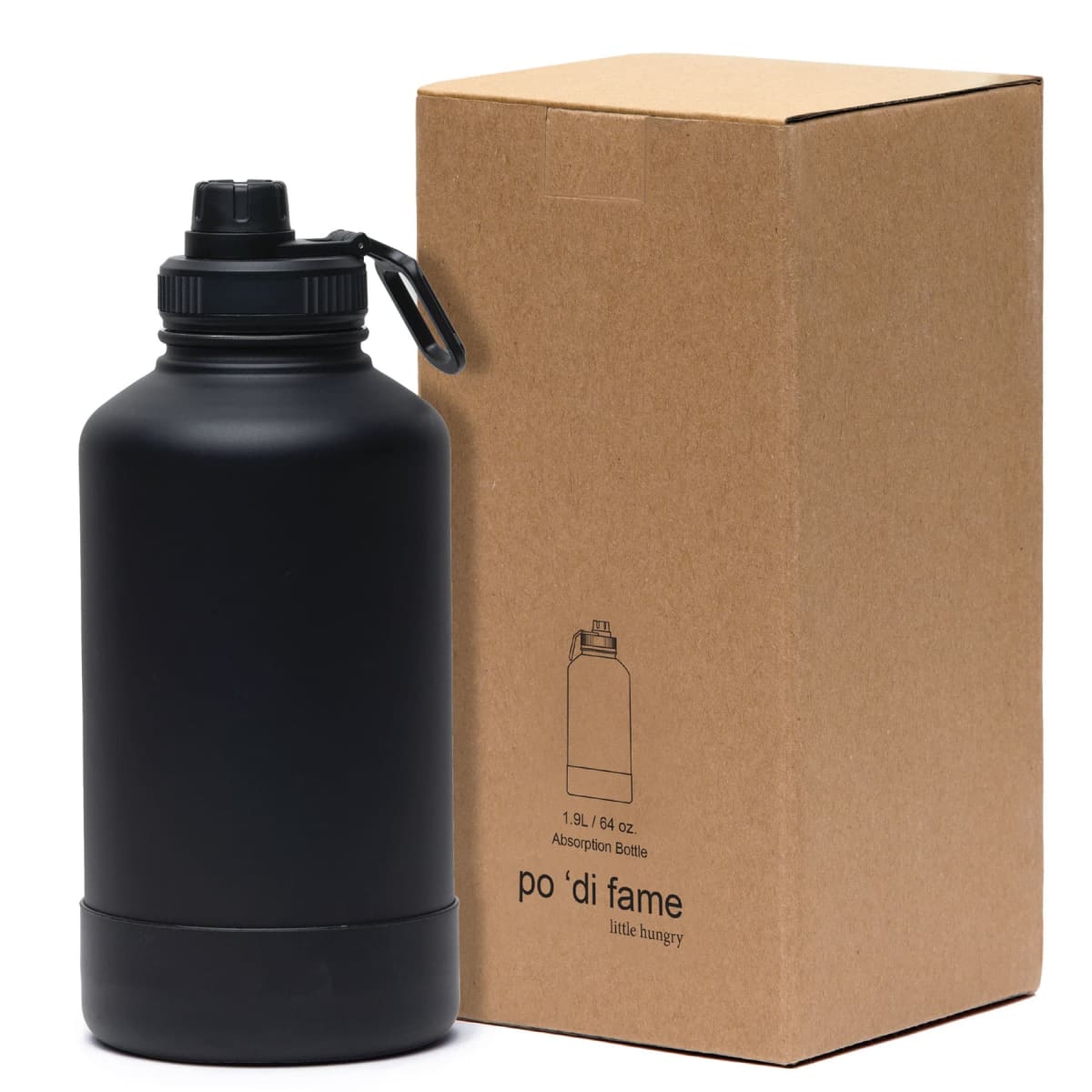 A black water bottle with a screw cap and a carabiner clip is placed next to a brown cardboard box. The box features a simple line drawing of the bottle and text detailing its capacity of 1.9 liters or 64 ounces.