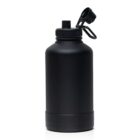 A black insulated water bottle with a screw-on lid and a flip-top spout. It has a large capacity and a sturdy base. The lid is attached to a small handle for carrying.