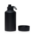 A black water bottle with a twist-off lid attached by a loop. The lid is placed beside the bottle. The bottle has a sleek, matte finish and is set against a plain white background.