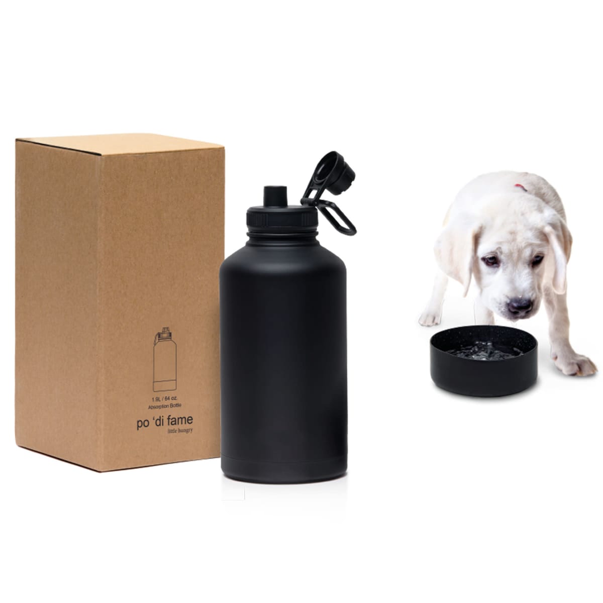 A black water bottle with a flip top is shown next to its packaging box on the left. On the right, a small white puppy is drinking from a matching black bowl.