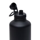 A matte black water bottle with a flip-top lid and spout. The lid is open, showing the spout for drinking, and has a handle attached for easy carrying. The bottle has a sleek, modern design.
