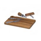 A wooden cutting board with a cheese fork and knife placed on it, accompanied by a corkscrew and a wine stopper with wooden accents, set against a white background.