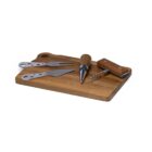 A wooden cutting board with two cheese knives, a fork, a wine stopper, and a corkscrew placed on top. Each utensil has wooden handles, complementing the boards design.