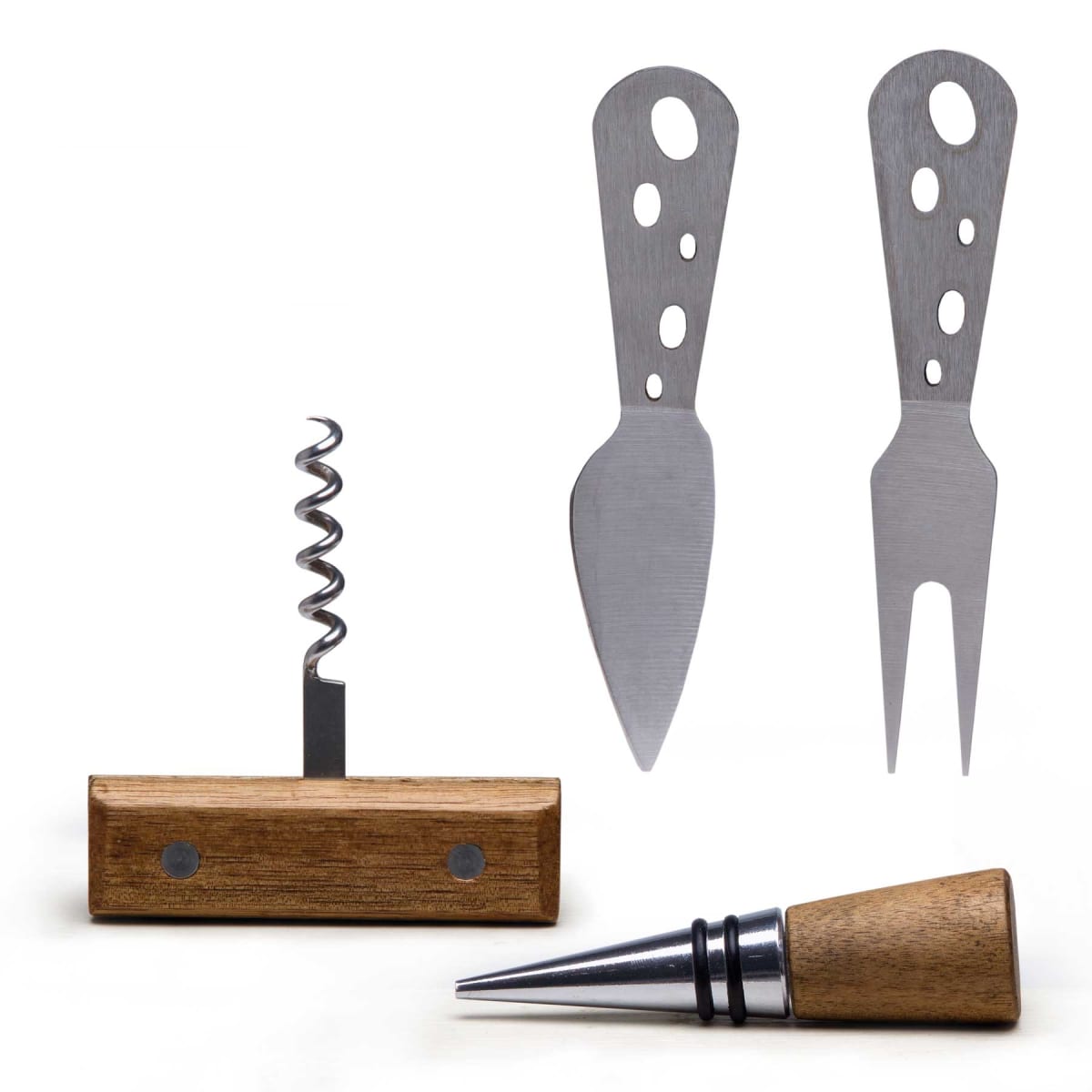 A set of wine and cheese tools, including a corkscrew with a wooden horizontal handle, two cheese knives with holes in their metal handles, and a bottle stopper with a metal top and wooden grip, all arranged on a white background.