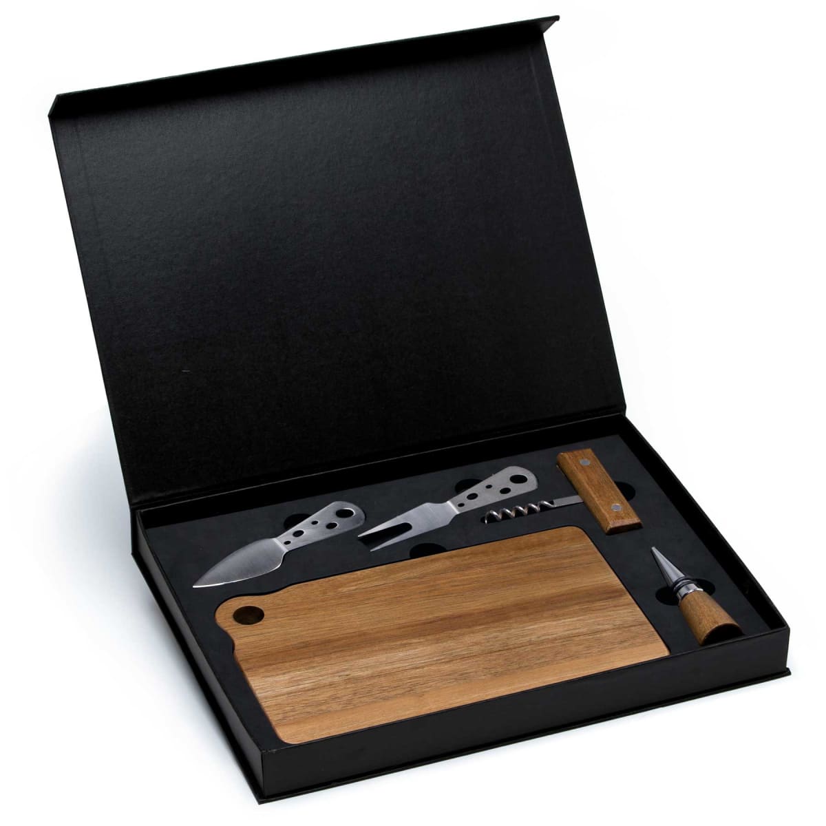 A black box containing a cheese board set, featuring a wooden cutting board, a cheese knife, a fork, and a corkscrew, all with wooden handles.