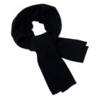 A neatly folded black scarf made of soft, ribbed fabric is displayed against a white background. The scarf is shaped in a simple loop with its ends aligned.