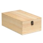A closed, rectangular wooden box with a light natural finish. It features a simple metal latch on the front for securing the lid. The box has a smooth, unfinished surface and prominent wood grain patterns.