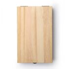A rectangular wooden box with visible natural wood grain patterns and a simple design against a plain background.