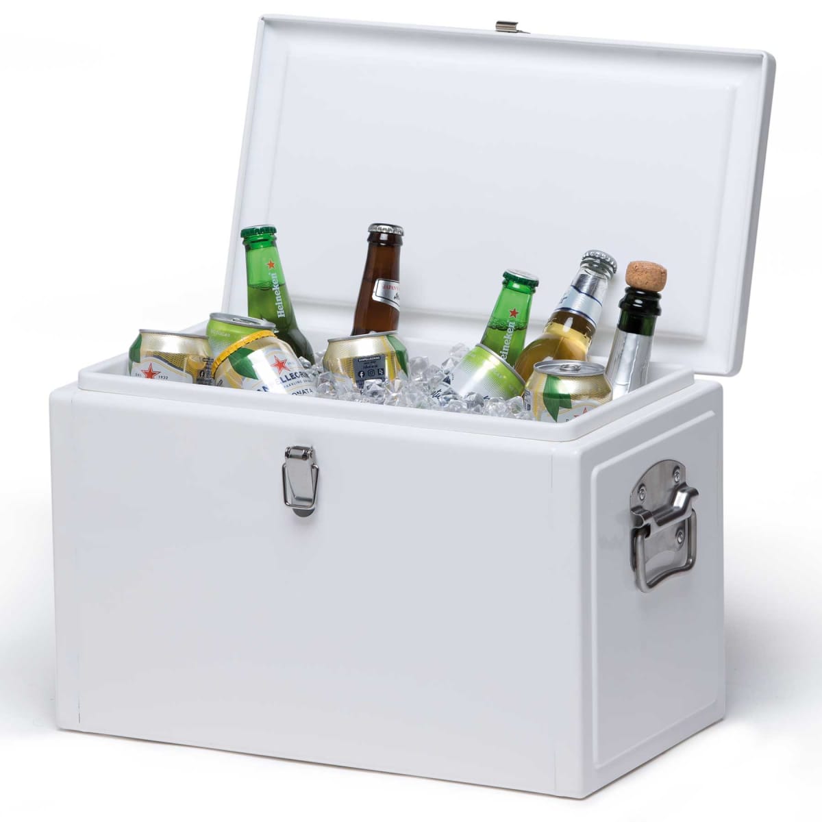 An open white cooler filled with ice, holding various bottles and cans of beverages, including wine, beer, and soda. The cooler has metal handles on each side.