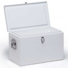 A white metal box with a hinged lid opened halfway, featuring metal handles on the sides and a latch on the front.