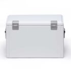 A white, rectangular cooler with a closed lid and metal hinges and handles on the sides. The surface is smooth and the design is minimalist. It is positioned against a plain white background.