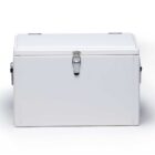 A closed white metal box with a latch on the front and handles on the sides, set against a plain background.