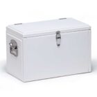 A white metal storage box with a hinged lid featuring two metal handles on the sides and a central latch for securing the lid. The box is placed on a plain, white background.