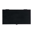 A rectangular black wooden board with two small metal hinges on the top and a latch at the bottom, shown against a plain white background.