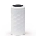 A white cylindrical container with a textured surface and a black lid is shown against a plain white background. The container has a pattern of raised, rounded bumps all over its surface.