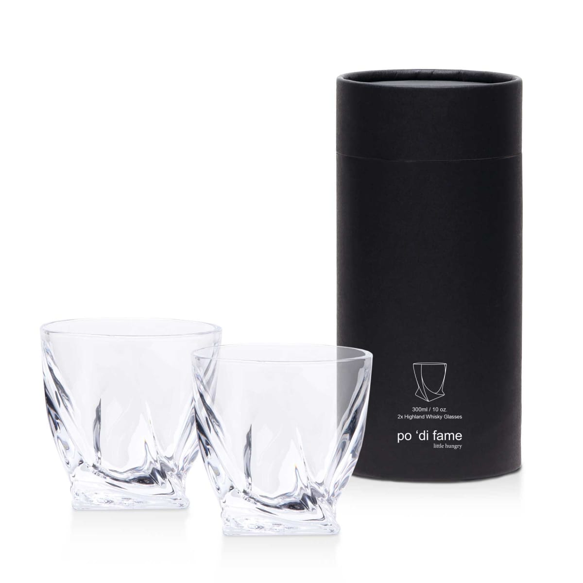 Two twisted design whiskey glasses next to a black cylindrical box. The box features a simple drawing of a glass and the words po di fame.