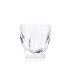 A clear glass tumbler with a twisted design on its surface, placed on a white background.