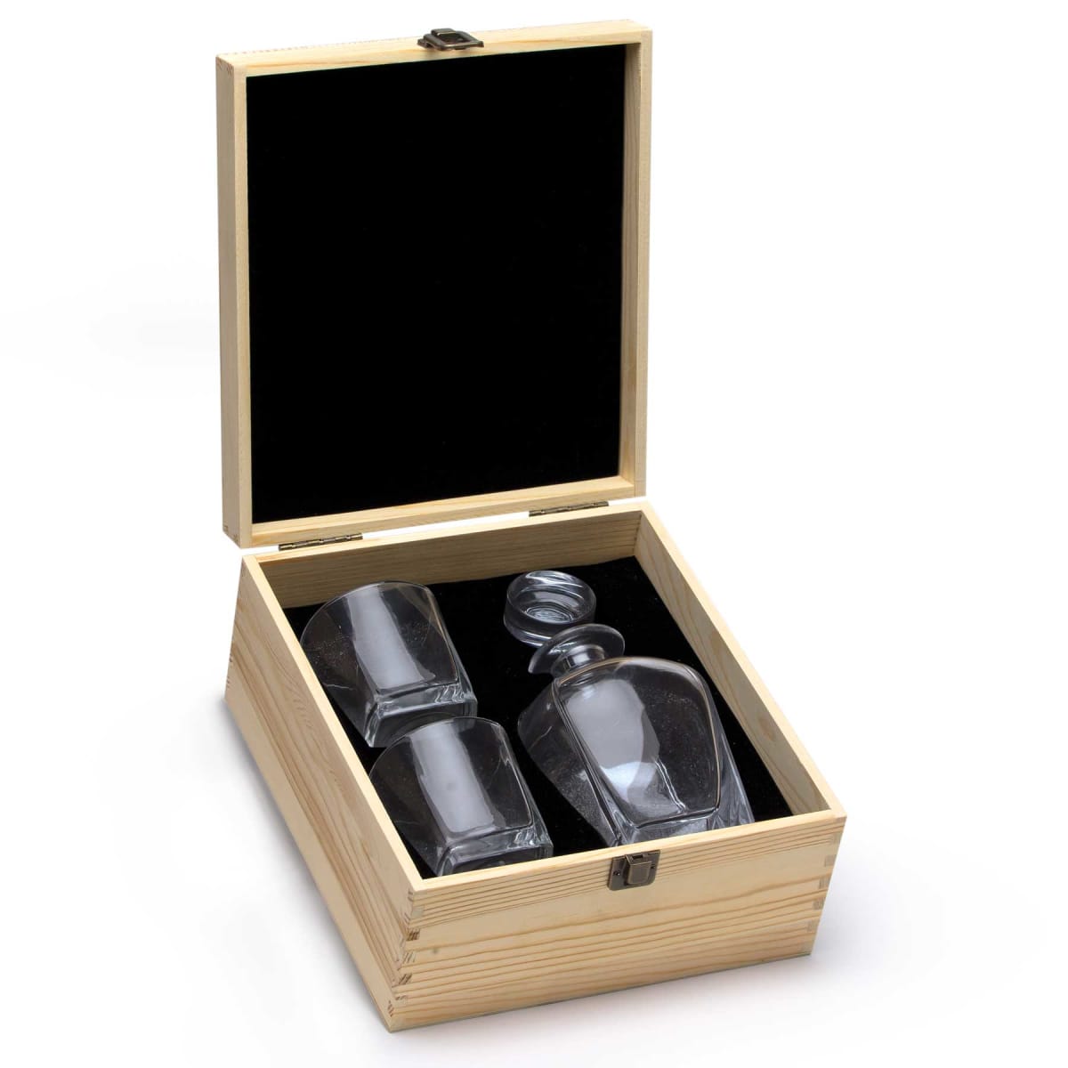 A wooden gift box with a hinged lid, open to reveal a set of glassware. Inside, there are two square glasses and a matching glass decanter with a stopper, all nestled in a black velvet lining.