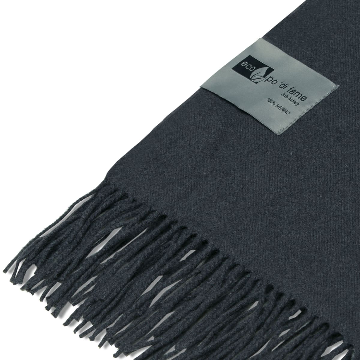 A dark gray scarf with fringed edges and a label reading ecoapo tartane in one corner. The fabric appears soft and is shown in close-up against a white background.