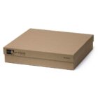 A closed, plain cardboard box with a black and yellow logo in the corner. Text reads eco po’ di fame and 100% Merino on the side. The box rests on a white surface, and its texture appears smooth and matte.