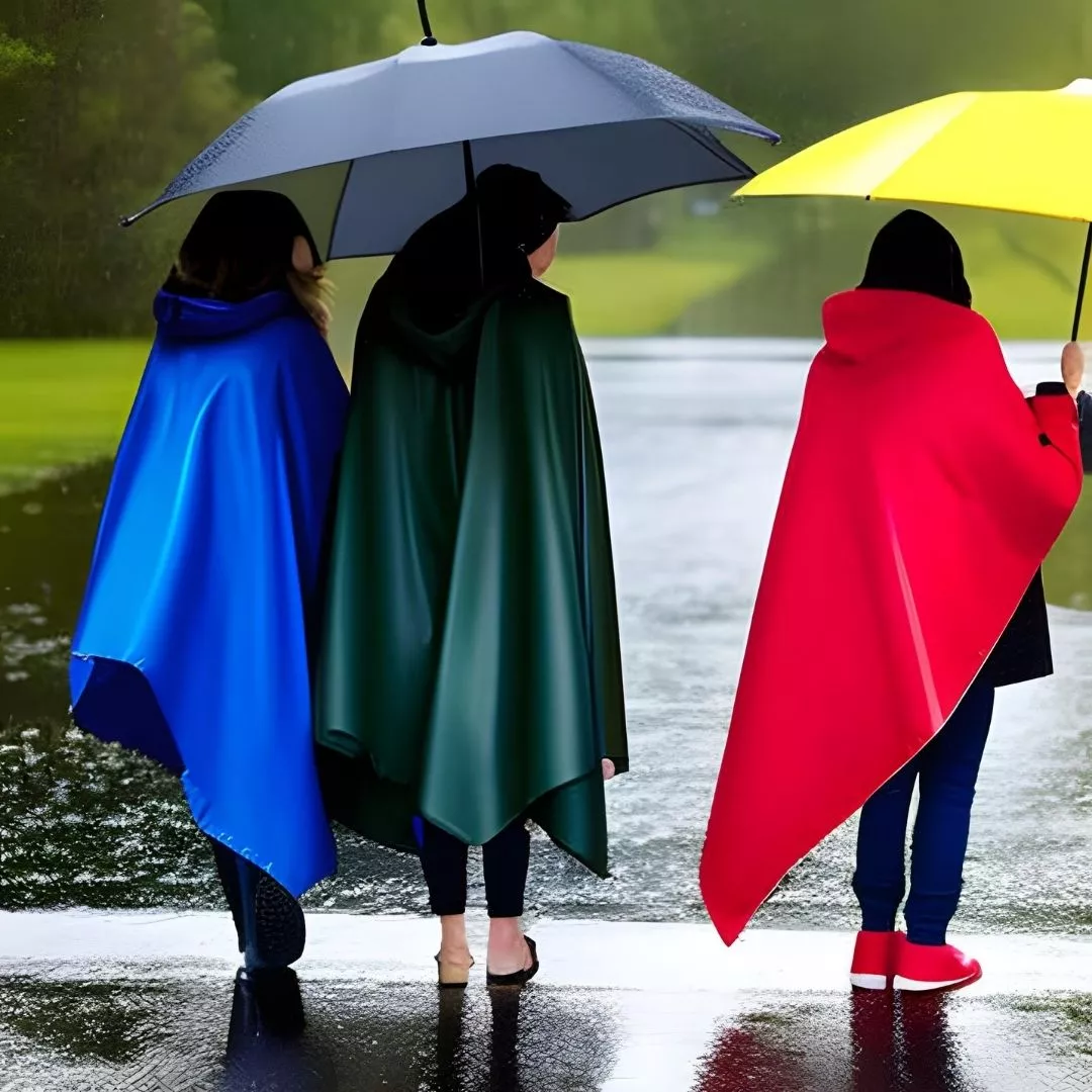 People wearing red, black, and blue ponchos while carrying umbrellas