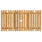 A rectangular wooden slatted mat with evenly spaced vertical slats and four rounded cut-out handles on the edges. There is a circular cut-out in the center. The wood has a light, natural finish.