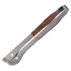 A pair of stainless steel kitchen tongs with wooden handles. The tongs have a scalloped edge for better grip. The design is simple and functional, suitable for cooking or grilling.