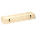 A rectangular wooden box with two metal latches on the front. The light wood grain is visible, and the box is placed on a plain white background.