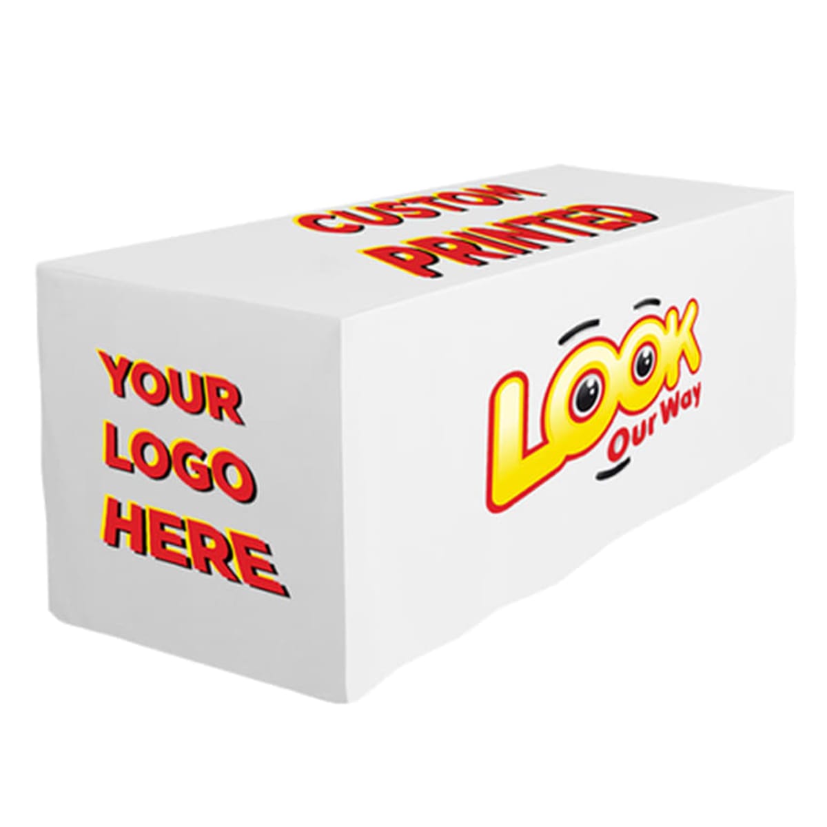 A white rectangular table is covered with a cloth featuring the words Your Logo Here and Custom Printed in red and yellow. The cloth also displays a stylized Look Our Way logo with cartoon eyes.