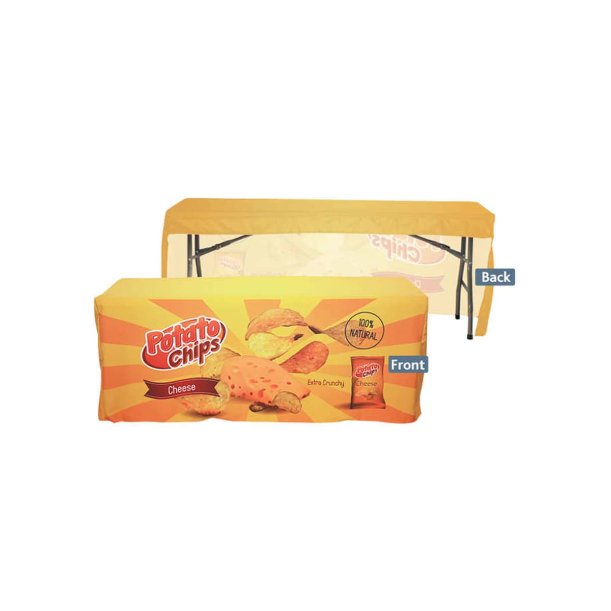 A promotional canopy with Potato Chips branding. The front features a vibrant yellow and orange design with images of cheese-flavored chips and a snack bag. The back shows a plain yellow cover.
