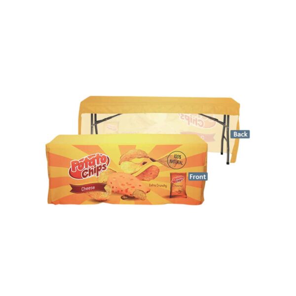 A promotional display table with a yellow cover features an image of potato chips and a red-white logo stating Potato Chips with Cheese underneath. A small bag of chips is also shown on the right. The back is shown in the background.