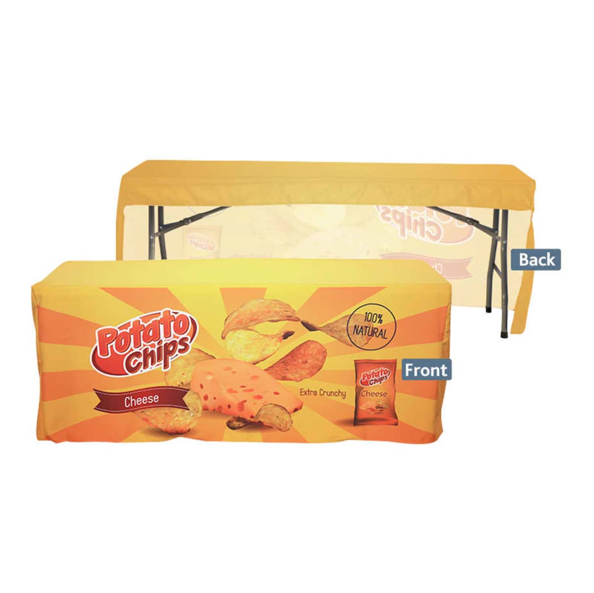 A promotional table cover with a potato chips theme. The front displays images of cheese-flavored chips and a 100% Natural label, on a yellow and orange background. The back is plain yellow.