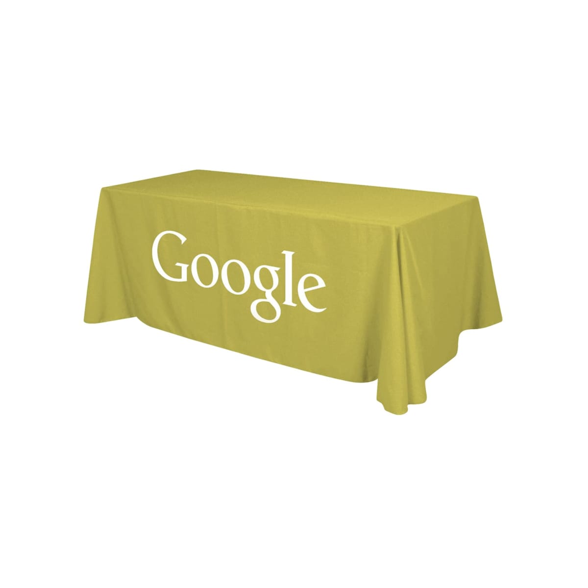 A rectangular table covered with a yellow tablecloth featuring the Google logo in white text. The cloth drapes over the sides of the table, and the background is plain white.