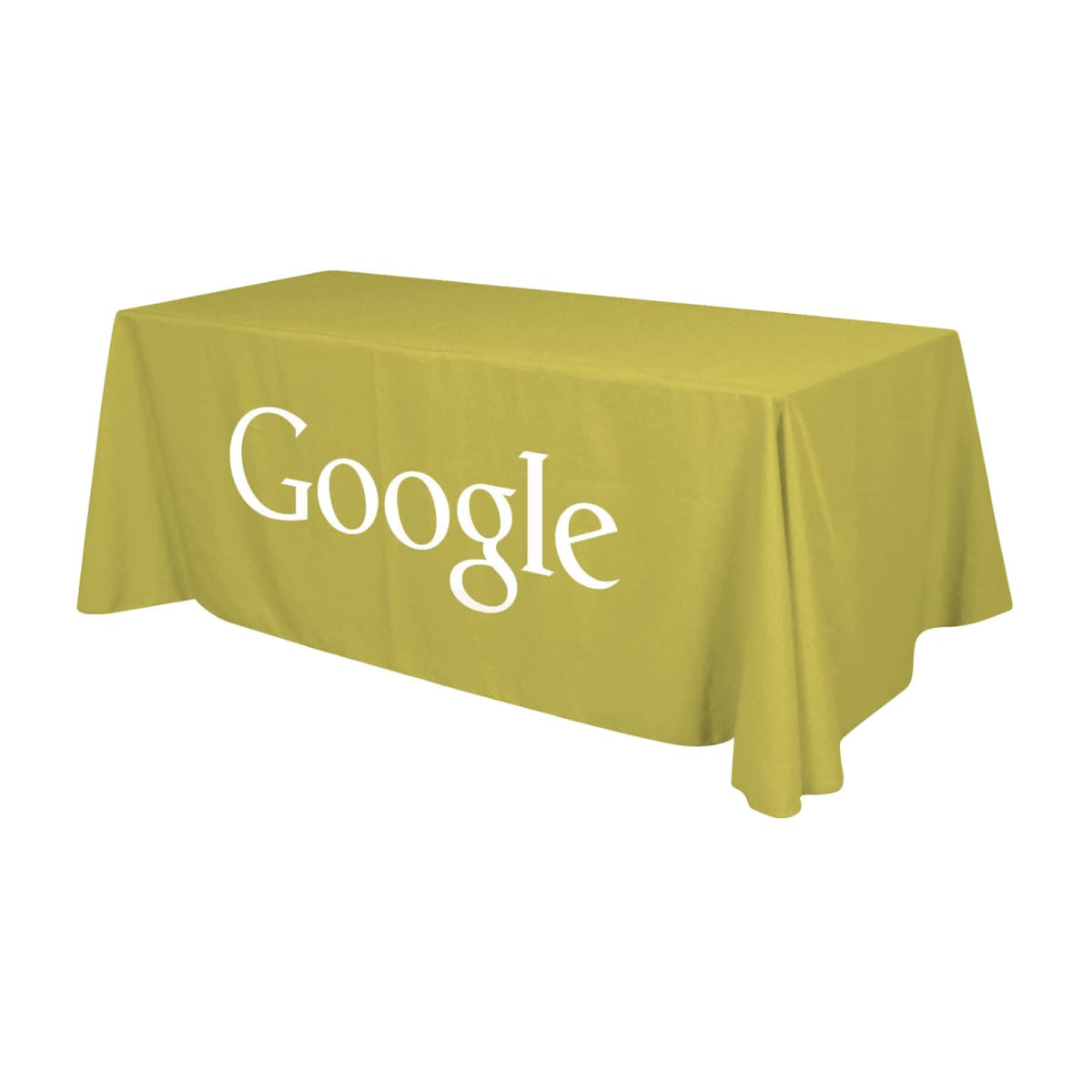 A rectangular table covered with a yellow tablecloth featuring the Google logo in white letters. The tablecloth drapes down on all sides, and the background is plain white.