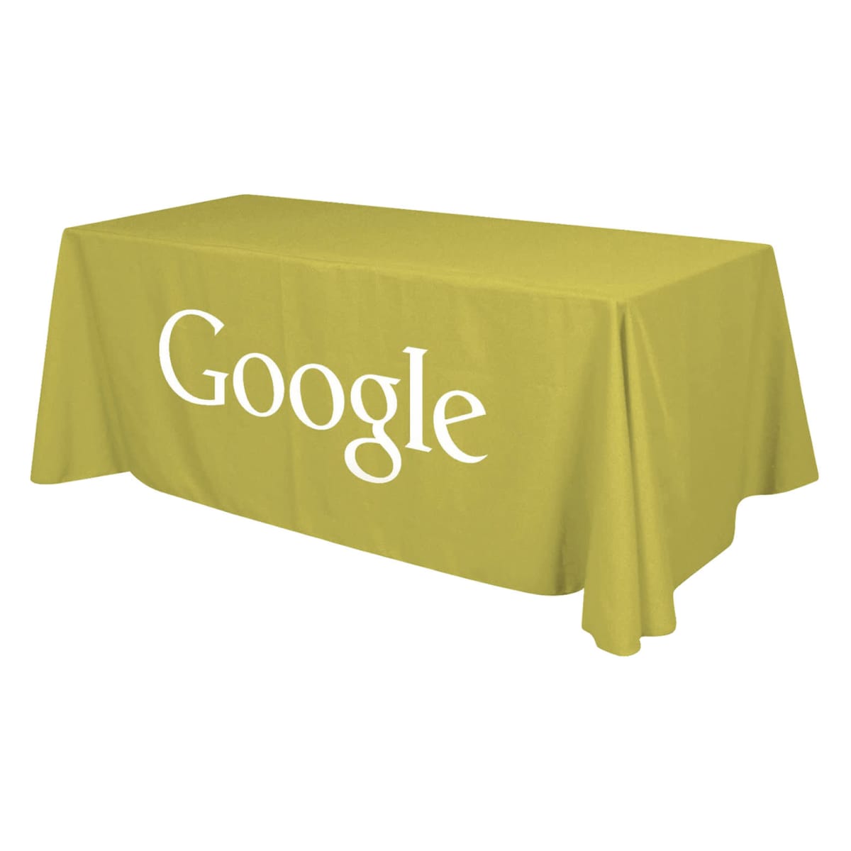 A rectangular table covered with a light green tablecloth featuring the word Google in white letters on the front. The tablecloth drapes over the sides and the table is set against a plain white background.