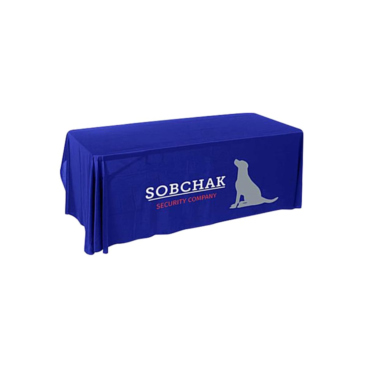 A blue tablecloth printed with Sobchak Security Company and an outline of a seated dog covers a rectangular table.