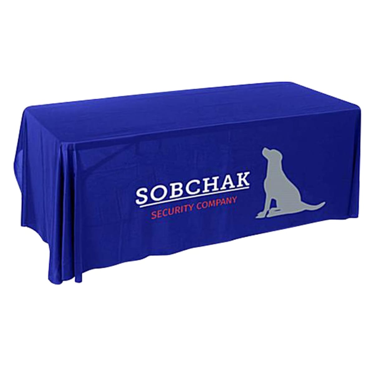 Blue tablecloth with the text SOBCHAK SECURITY COMPANY and a graphic of a sitting dog.