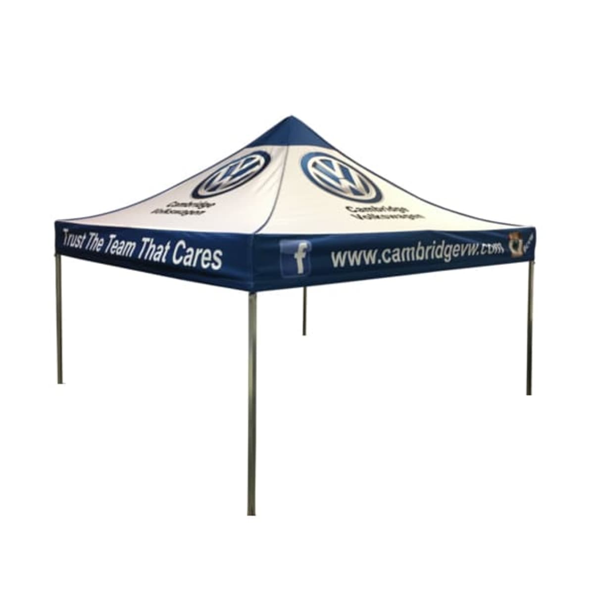 A blue and white canopy tent featuring the Volkswagen logo. It has Cambridge Volkswagen written on the sides, along with the website www.cambridgevw.com and the phrase Trust The Team That Cares.