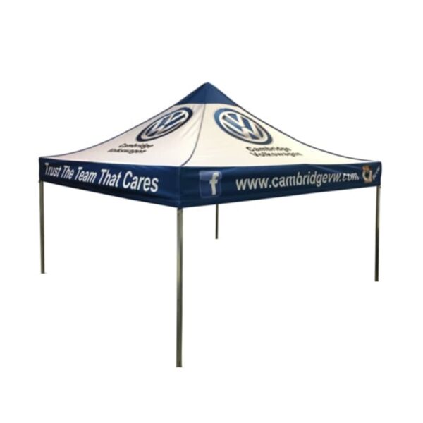 A blue and white outdoor canopy tent with VW logos on top. It has the text Trust The Team That Cares and a website URL on the sides, supported by four metal poles.