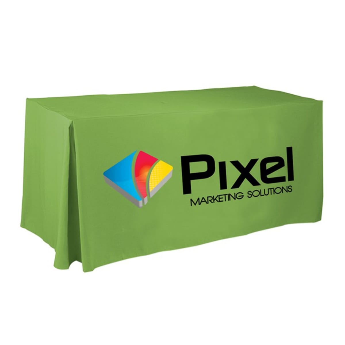 Green tablecloth with Pixel Marketing Solutions logo. The logo features a colorful geometric shape next to the text on the cloth covering a rectangular table.