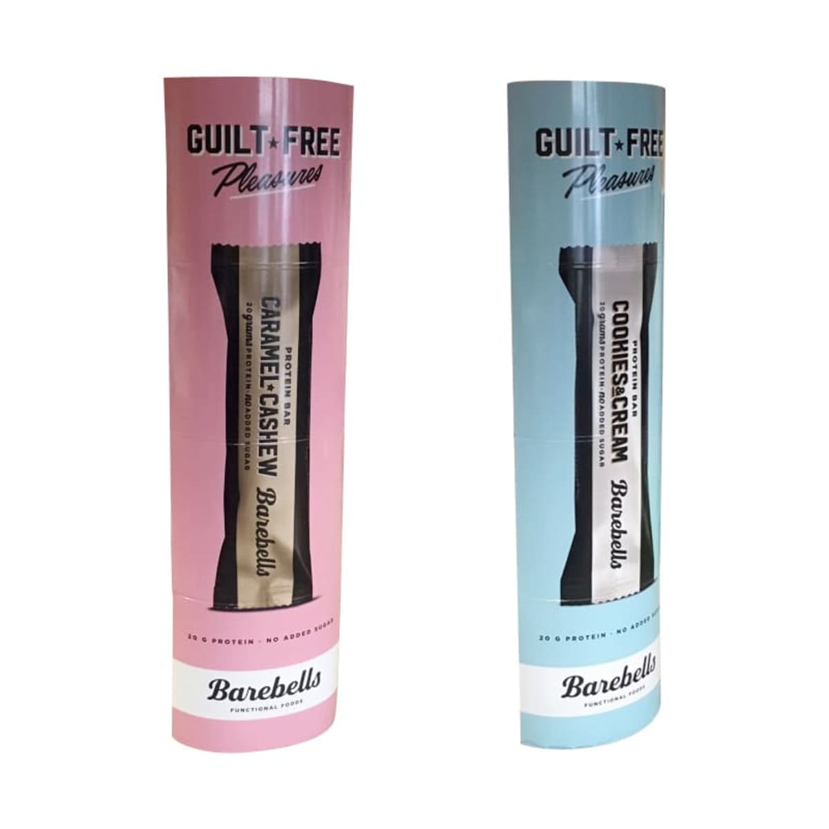Two cylindrical packages of Barebells protein bars. The left package is pink, labeled Caramel Cashew, and the right is blue, labeled Cookies & Cream. Both have the phrase Guilt-Free Pleasures.