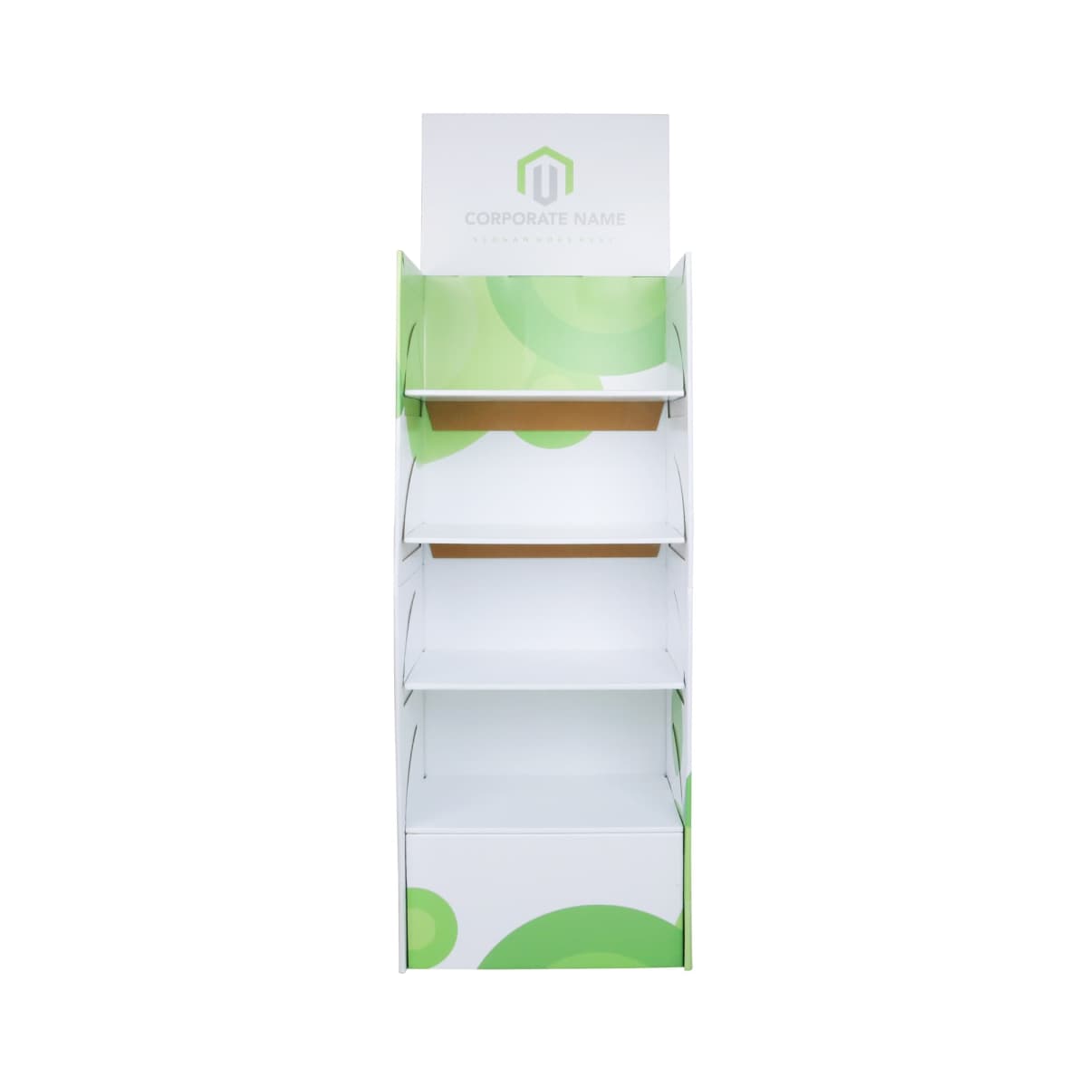Empty white cardboard display stand with four shelves and green circular patterns, suitable for retail use. The top has a placeholder for a corporate name and tagline.