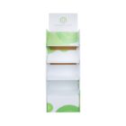 A tall, white, cardboard display stand with four shelves. It features a green circular design and a placeholder for a corporate name and logo at the top. The stand is empty and suitable for retail product arrangement.