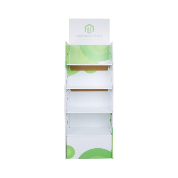 A tall, white, cardboard display stand with four shelves. It features a green circular design and a placeholder for a corporate name and logo at the top. The stand is empty and suitable for retail product arrangement.