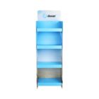 A blue and white cardboard display stand with four shelves, labeled doxer at the top. The stand appears empty and is set against a plain white background.