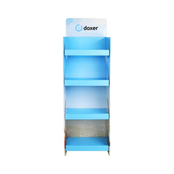 Blue and white cardboard display stand with the doxer logo at the top. It consists of four shelves and is set against a plain white background.
