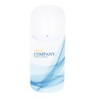 A white container with a sleek design, featuring a flowing blue wave pattern at the bottom. The text reads Your Company, Company Profile in blue and yellow. The cap is white and rounded.