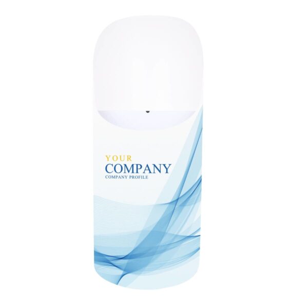 A cylindrical container with a white and light blue design. It features the text YOUR COMPANY and COMPANY PROFILE in blue and yellow. The container has abstract wave patterns at the bottom.
