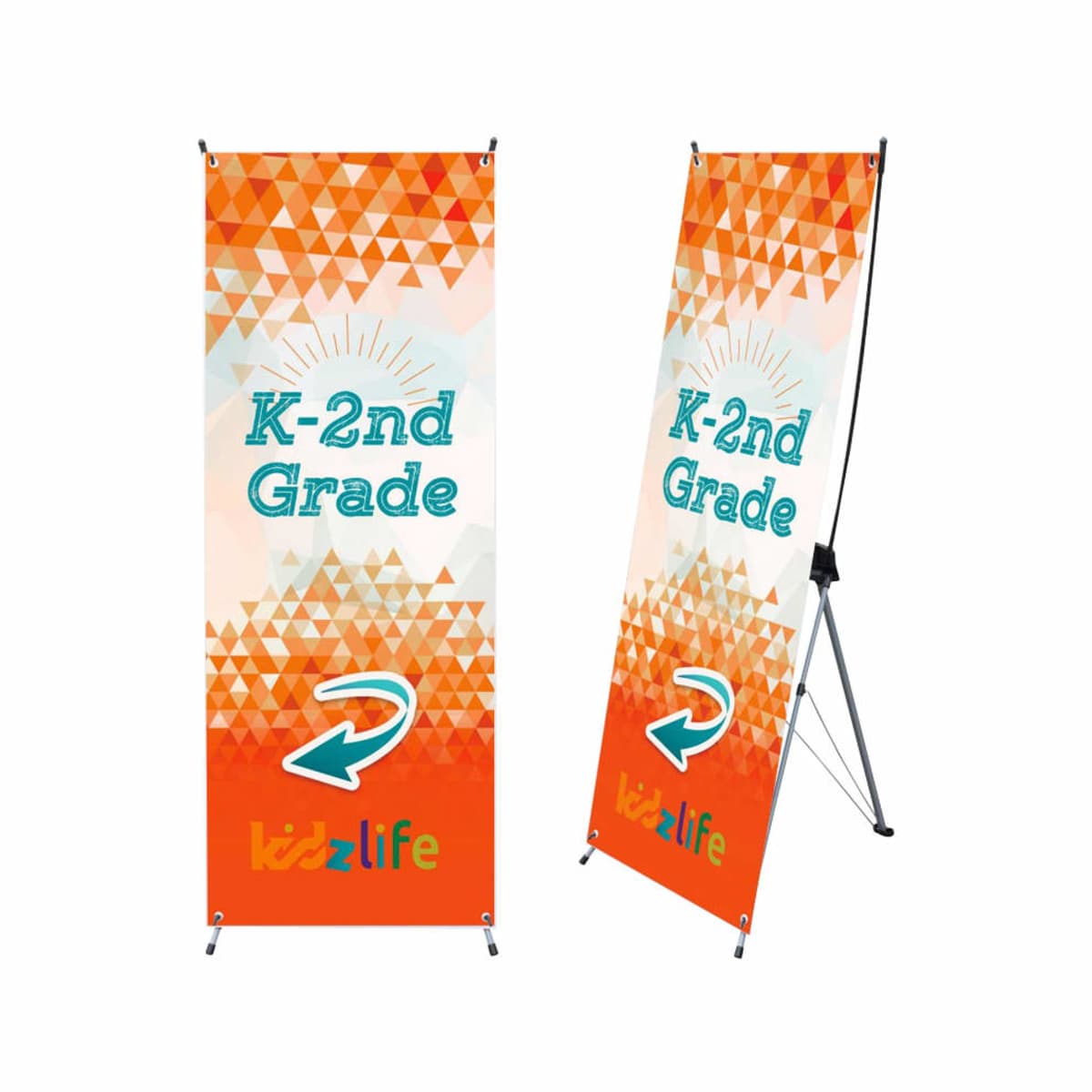 Two standing banners display K-2nd Grade with a colorful geometric background. They feature an arrow and the logo kidz life at the bottom against an orange backdrop. The banners are supported by metal stands.