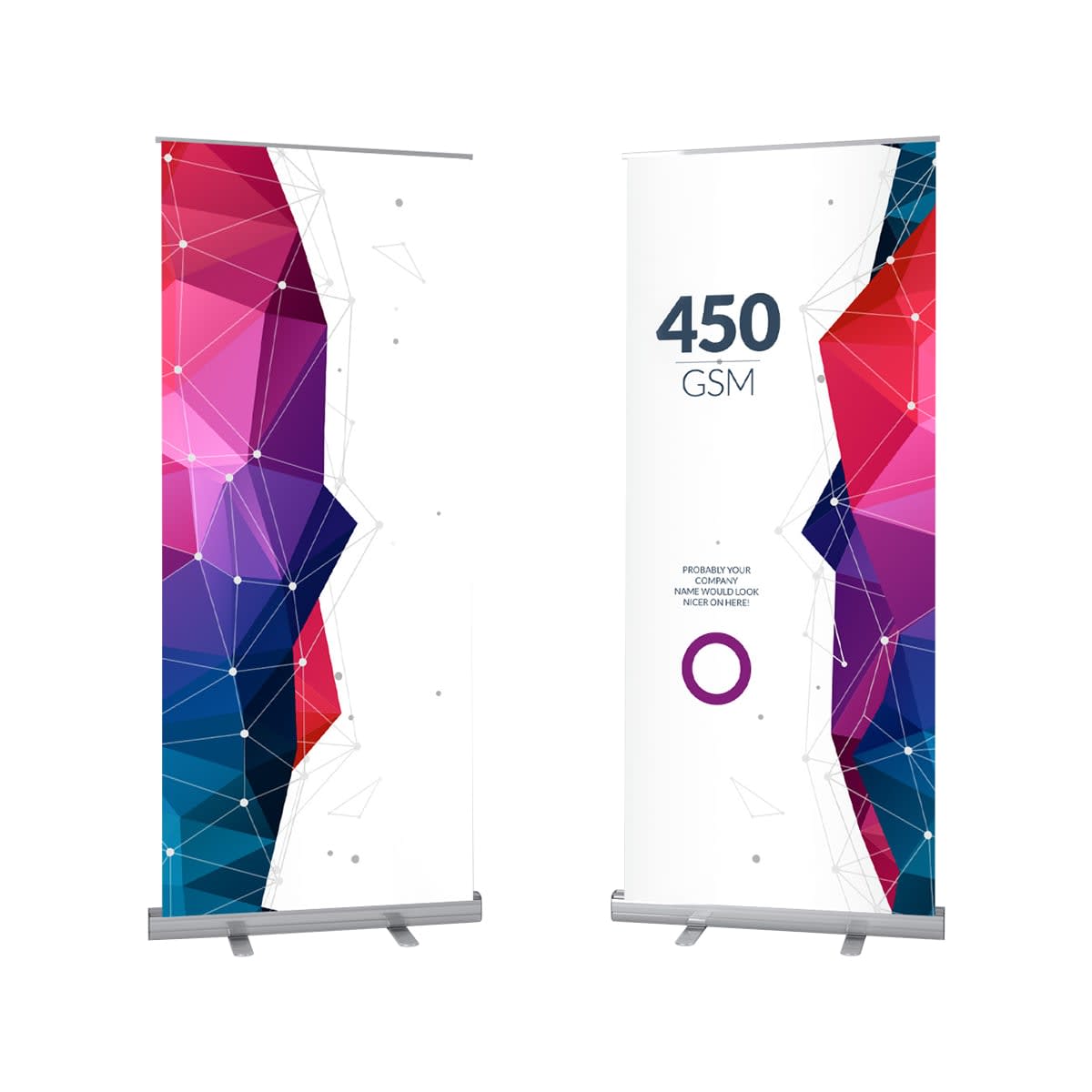 Two vertical banners with geometric abstract designs in shades of blue, purple, and red on the left. The right banner has the text 450 GSM and space for personalized text and logos. Both banners have metallic bases.
